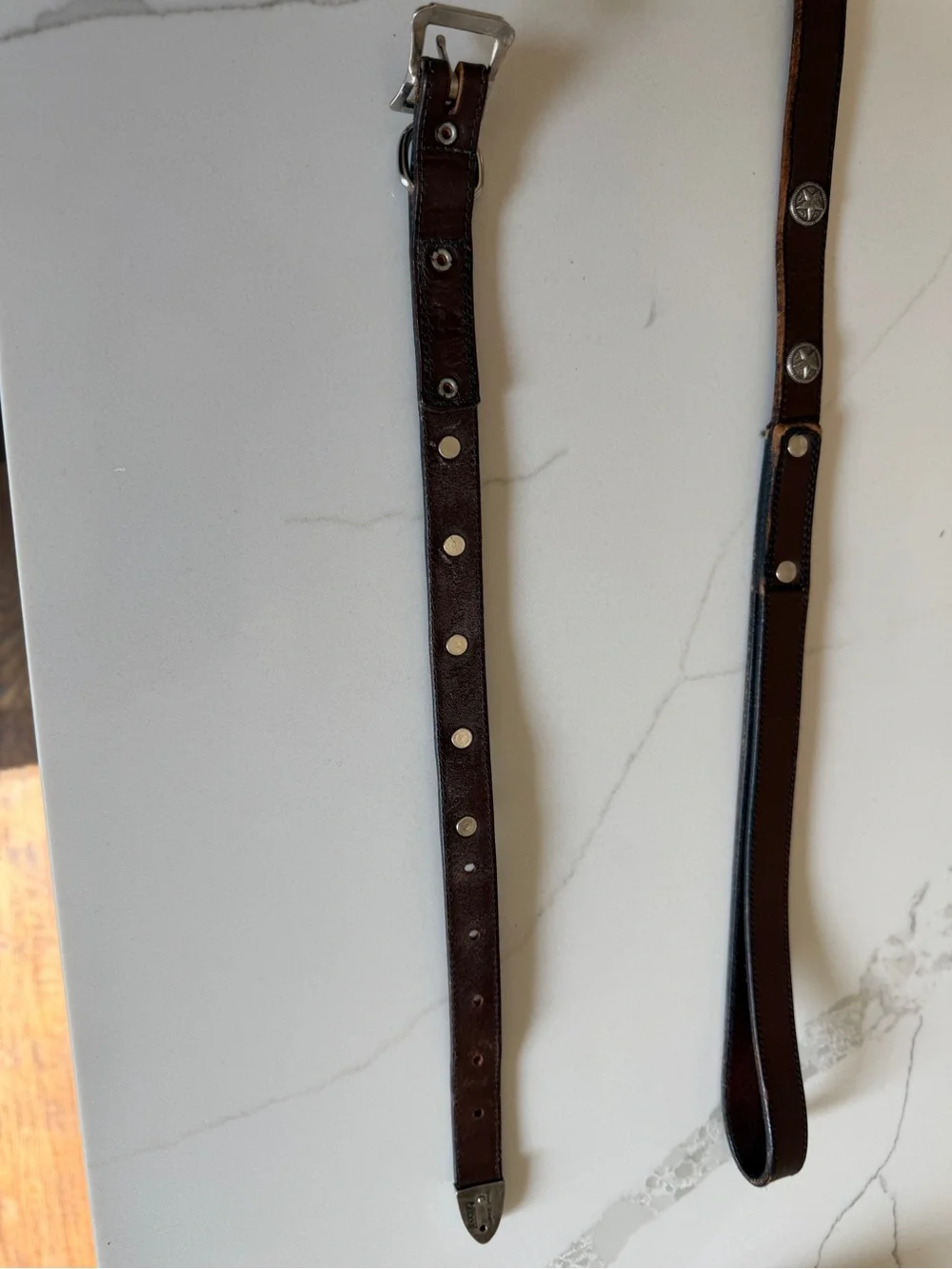 Brown Leather Dog Collar and Leash with Star Stud Accents